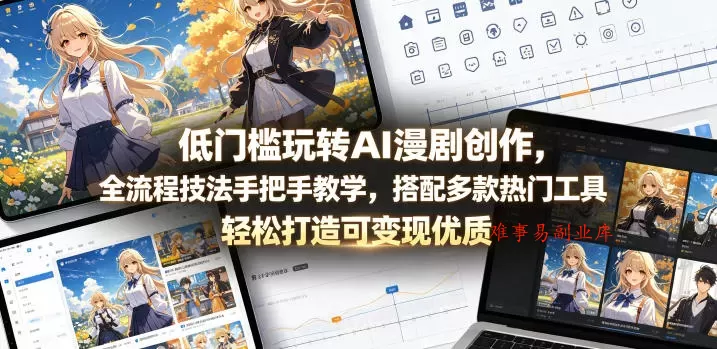 低门槛玩转AI漫剧创作，全流程技法手把手教学，搭配多款热门工具，轻松打造可变现优质作品-难事易副业库