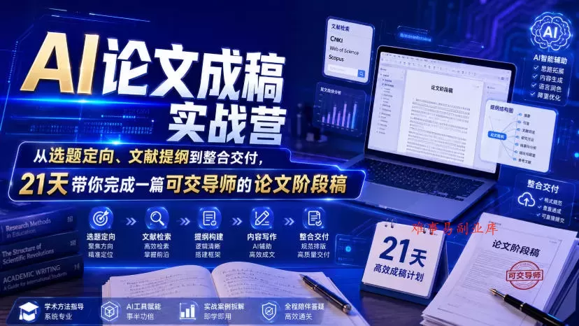AI论文成稿实战营，从选题定向、文献提纲到整合交付，21天带你完成一篇可交导师的论文阶段稿-难事易副业库