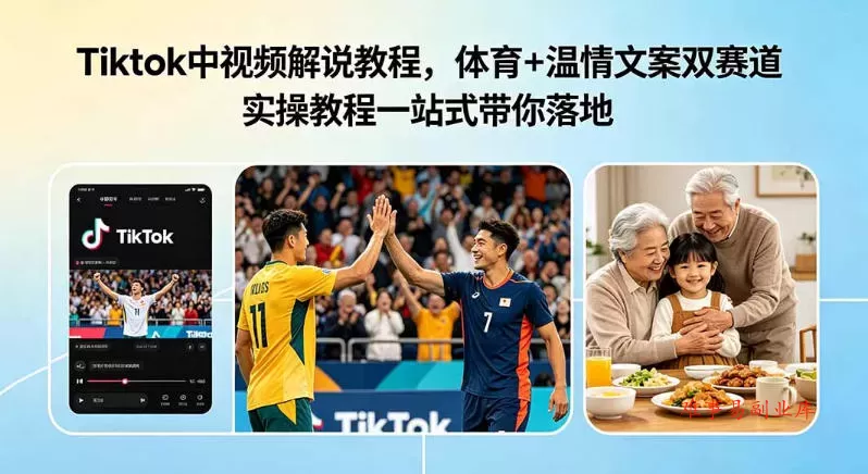 Tiktok中视频解说教程，体育+温情文案双赛道实操教程一站式带你落地，教你出海賺美刀-难事易副业库