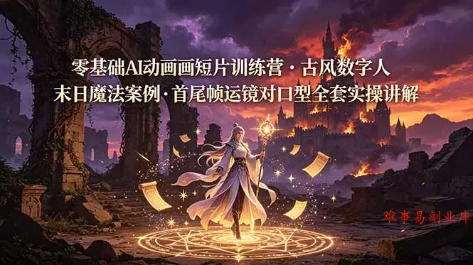零基础AI动画短片训练营，古风数字人末日魔法案例，首尾帧运镜对口型全套实操讲解-难事易副业库