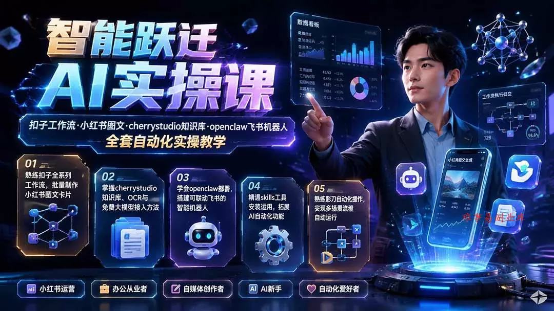 智能跃迁 AI实操课｜扣子工作流小红书图文搭建，cherrystudio知识库openclaw飞书机器人全套自动化实操教学-难事易副业库