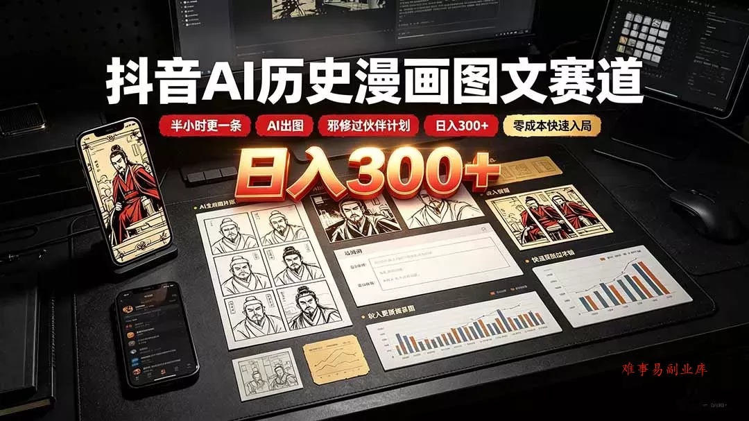 抖音AI历史漫画图文赛道：半小时更一条×AI出图×邪修过伙伴计划×日入300+，零成本快速入局-难事易副业库