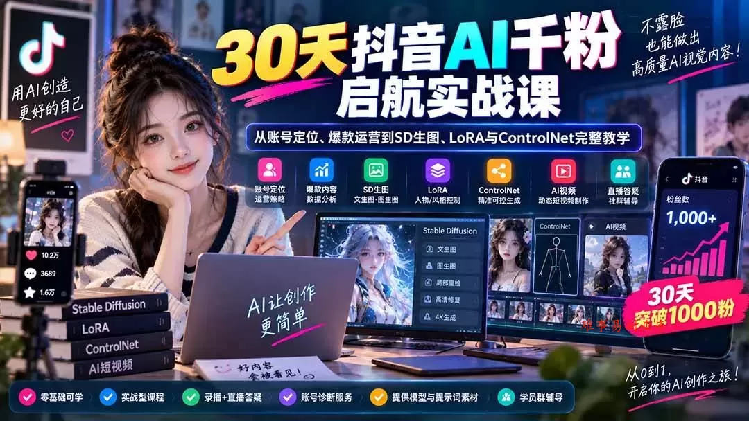 （20291期）30天抖音AI千粉启航实战课：从账号定位、爆款运营到SD生图、LoRA与ControlNet完整教学-难事易副业库
