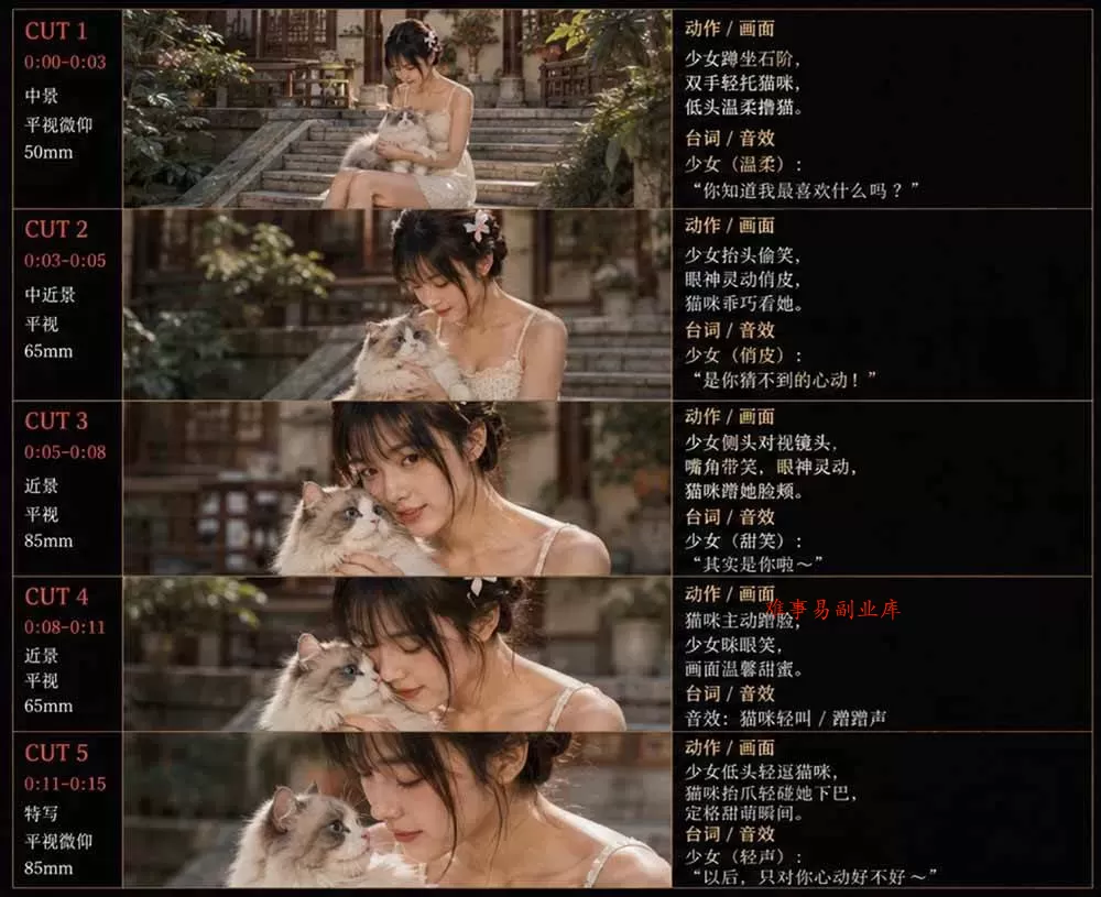 （18909期）美女和猫故事提示词，人物一致性提示词+故事板