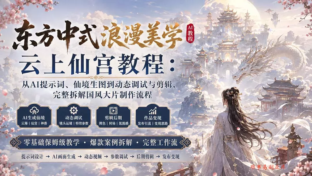 东方中式浪漫美学云上仙宫教程：从AI提示词、仙境生图到动态调试与剪辑，完整拆解国风大片制作流程-难事易副业库