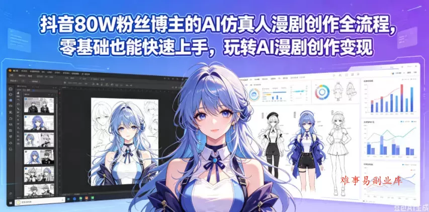 抖音80W粉丝博主的AI仿真人漫剧创作全流程，零基础也能快速上手，玩转AI漫剧创作变现-难事易副业库