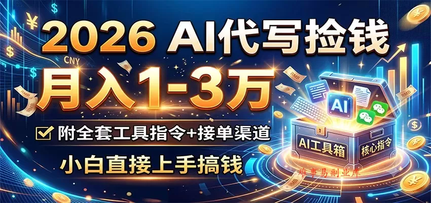 2026 AI代写捡钱，月入1-3万，附全套工具指令+接单渠道，小白直接上手搞钱-难事易副业库