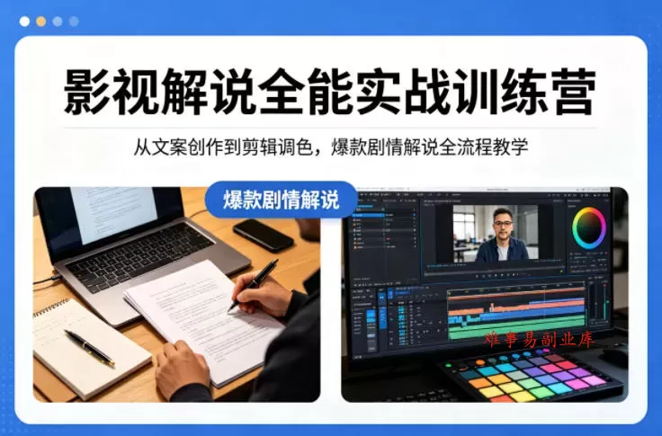 影视解说全能实战训练营：从文案创作到剪辑调色，爆款剧情解说全流程教学-难事易副业库