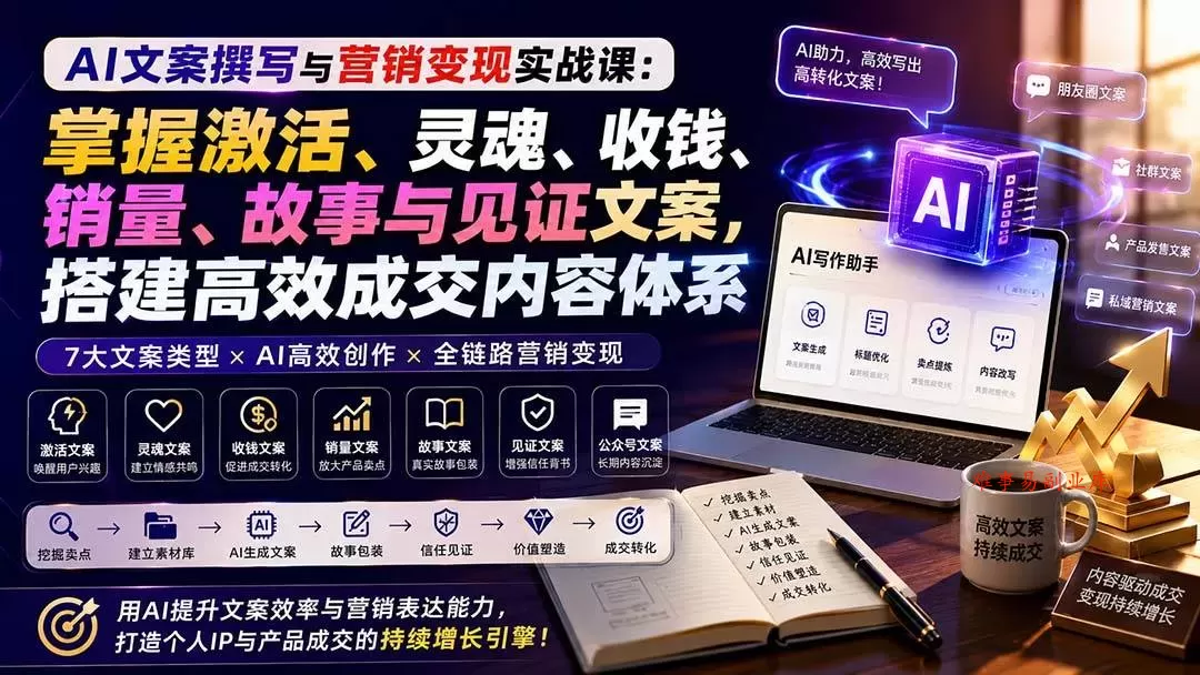 （20126期）AI文案撰写与营销变现实战课：掌握激活、灵魂、收钱、销量、故事与见证文案，搭建高效成交内容体系-难事易副业库