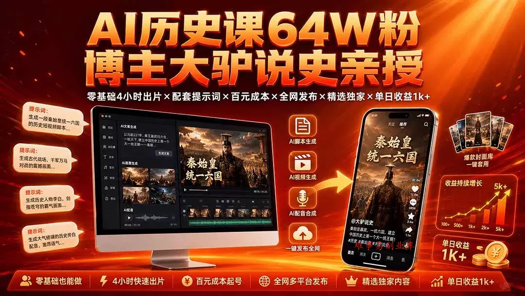 AI历史课64W粉博主大驴说史亲授：零基础4小时出片×配套提示词×百元成本×全网发布×精选独家×单日收益1k+