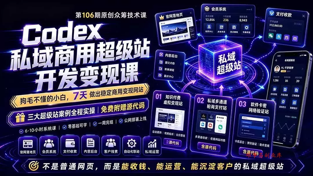（19169期）Codex私域商用超级站Ai开发变现课106期-完结：不是普通网站，而是能收钱，能运营，能沉淀客户的私域超级站-难事易副业库