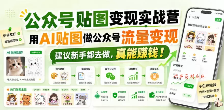 公众号贴图变现实战营，用AI贴图做公众号流量变现，建议新手都去做，真能賺钱！-难事易副业库
