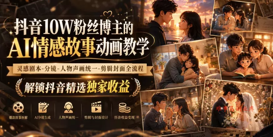 抖音10W粉丝博主的AI情感故事动画教学，灵感剧本‑分镜‑人物声画统一‑剪辑封面全流程，解锁抖音精选独家收益-难事易副业库