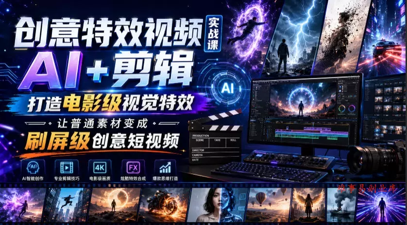 创意特效视频实战课，AI+剪辑打造电影级视觉特效，让普通素材变成刷屏级创意短视频-难事易副业库