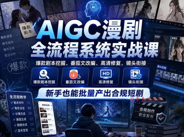 AIGC漫剧全流程系统实战课,爆款剧本挖掘、番茄文改编、高清修复、镜头衔接,新手也能批量产出合规短剧 AIGC漫剧全流程系统实战课,爆款剧本挖掘、番茄文改编、高清修复、镜头衔接,新手也能批量产出合规短剧