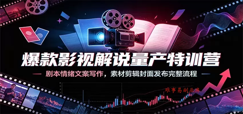爆款影视解说量产特训营：剧本情绪文案写作，素材剪辑封面发布完整流程-难事易副业库