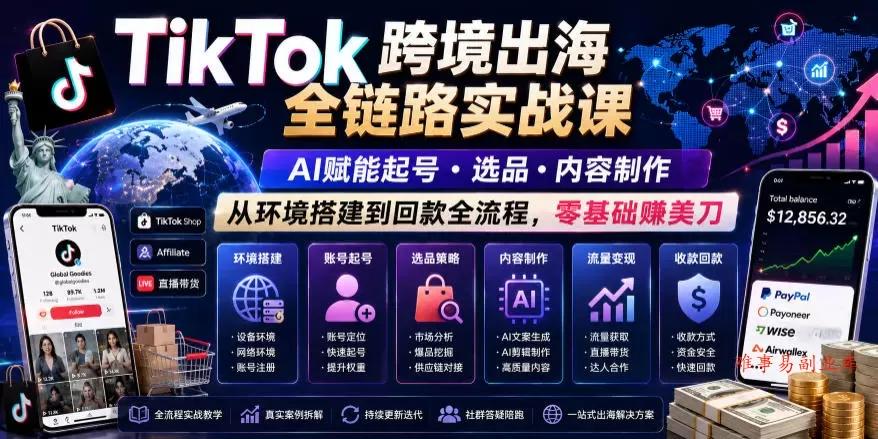 TikTok跨境出海全链路实战课，AI赋能起号・选品・内容制作，从环境搭建到回款全流程，零基础賺美刀-难事易副业库