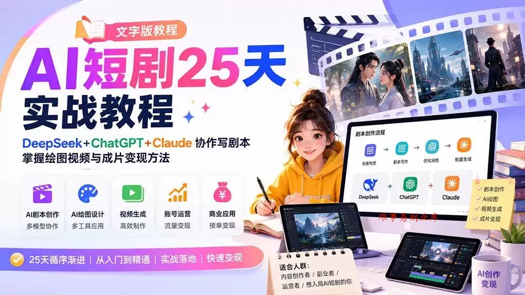 (20225期)AI短剧25天实战教程(文字版教程):DeepSeek+ChatGPT+Claude协作写剧本,掌握绘图视频与成片变现方法 (20225期)AI短剧25天实战教程(文字版教程):DeepSeek+ChatGPT+Claude协作写剧本,掌握绘图视频与成片变现方法