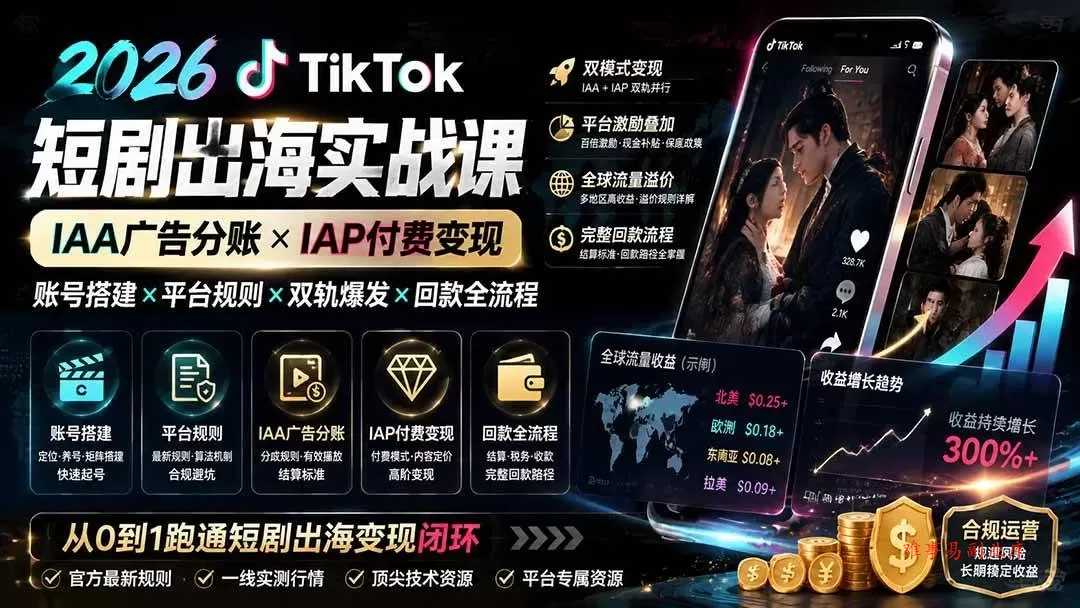 (19740期)2026TikTok短剧出海实战课:IAA广告分账×IAP付费变现×账号搭建×平台规则×双轨爆发×回款全流程 (19740期)2026TikTok短剧出海实战课:IAA广告分账×IAP付费变现×账号搭建×平台规则×双轨爆发×回款全流程