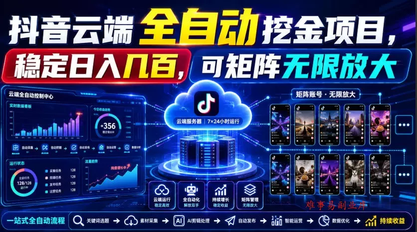 Dy云端全自动挖金项目，稳定日入几百，可矩阵无限放大！【揭秘】-难事易副业库