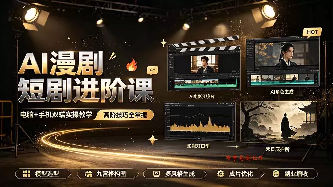 AI漫剧短剧进阶课｜电脑+手机双端实操教学｜影视剧对口型人物吃瓜×解压末日庇护所全程讲解，高阶技巧全掌握-难事易副业库
