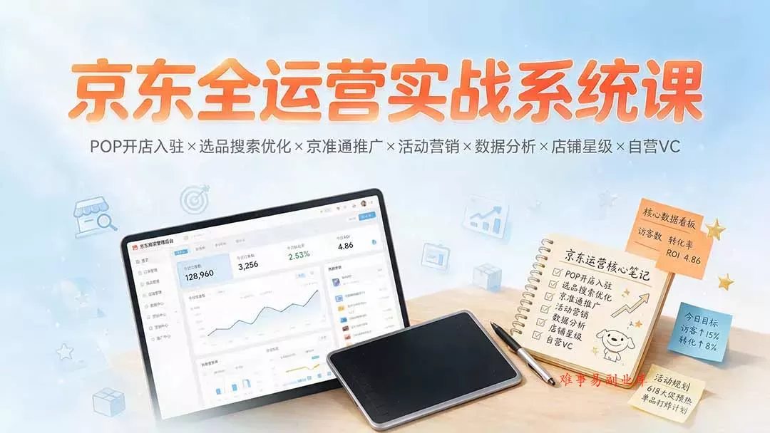 京东全运营实战系统课：POP开店入驻×选品搜索优化×京准通推广×活动营销×数据分析×店铺星级×自营VC-难事易副业库