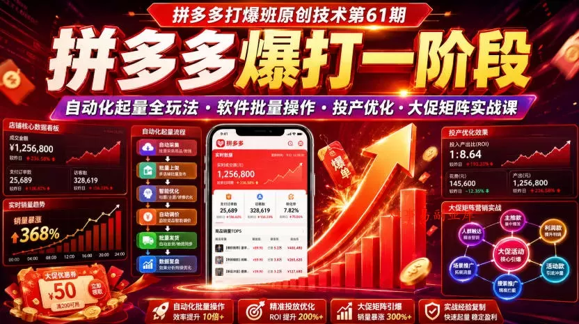 拼多多打爆班原创技术第61期，拼多多爆打一阶段，自动化起量全玩法・软件批量操作・投产优化・大促矩阵实战课-难事易副业库