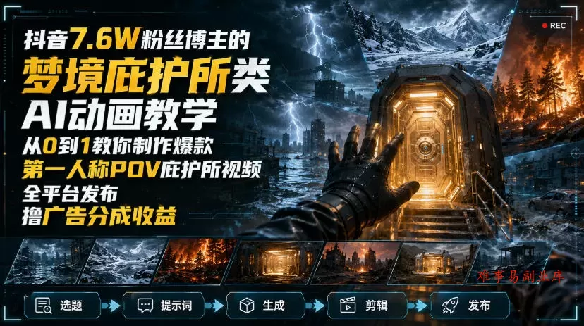 抖音7.6W粉丝博主的梦境庇护所类AI动画教学，从0到1教你制作爆款第一人称POV庇护所视频，全平台发布撸广告分成收益-难事易副业库