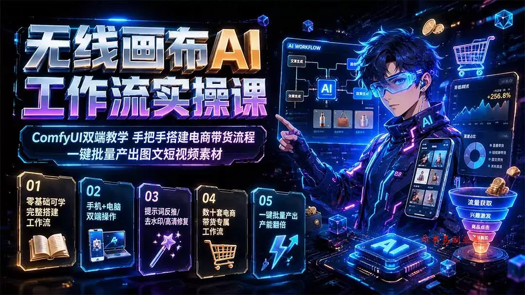 无线画布AI工作流实操课｜ComfyUI双端教学，手把手搭建电商带货流程，一键批量产出图文短视频素材-难事易副业库