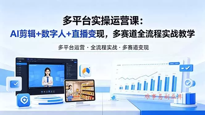 某团队多平台实操运营课-更新26年4月20：AI剪辑+数字人+直播变现，多赛道全流程实战教学-难事易副业库