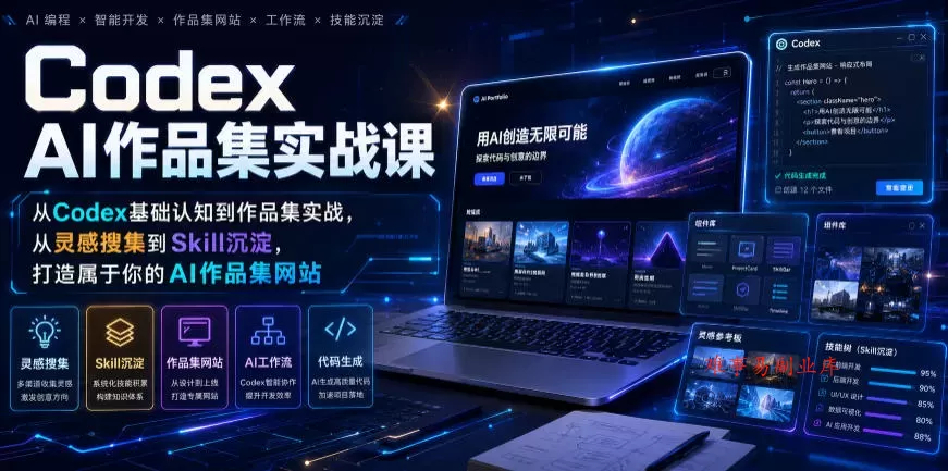 Codex AI作品集实战课，从Codex基础认知到作品集实战，从灵感搜集到Skill沉淀，打造属于你的AI作品集网站-难事易副业库