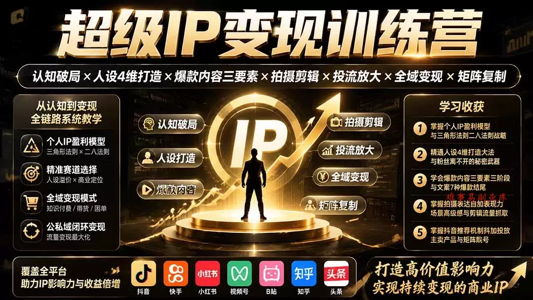 超级IP变现训练营：认知破局×人设4维打造×爆款内容三要素×拍摄剪辑×投流放大×全域变现×矩阵复制-难事易副业库