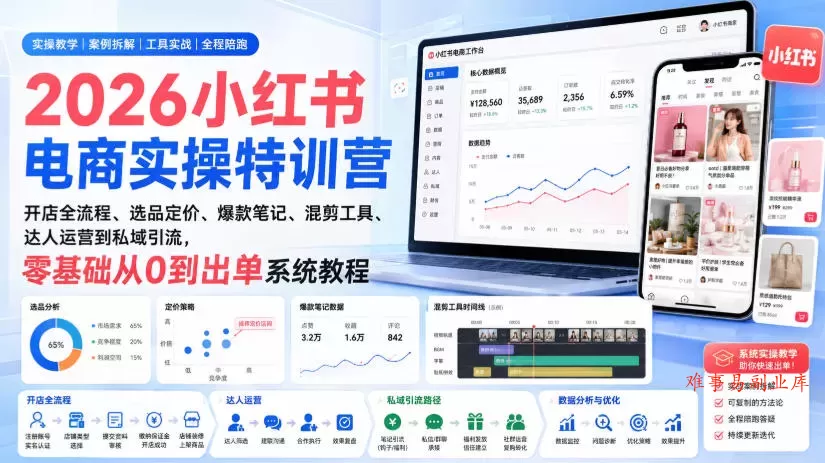 2026小红书电商实操特训营｜开店全流程、选品定价、爆款笔记、混剪工具、达人运营到私域引流，零基础从0到出单系统教程-难事易副业库