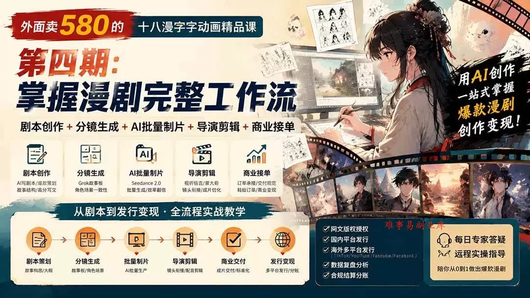 （20075期）外面卖580的十八漫字字动画精品课-第四期：剧本创作+分镜生成+AI批量制片+导演剪辑+商业接单，掌握漫剧完整工作流-难事易副业库
