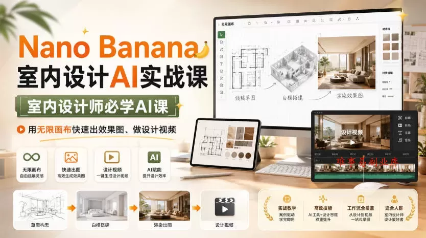 Nano Banana室内设计AI实战课，室内设计师必学AI课，用无限画布快速出效果图、做设计视频-难事易副业库