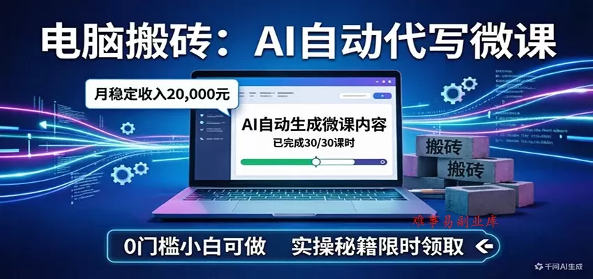 电脑搬砖AI自动代写微课，月稳定2W，0门槛小白可做，实操秘籍-难事易副业库