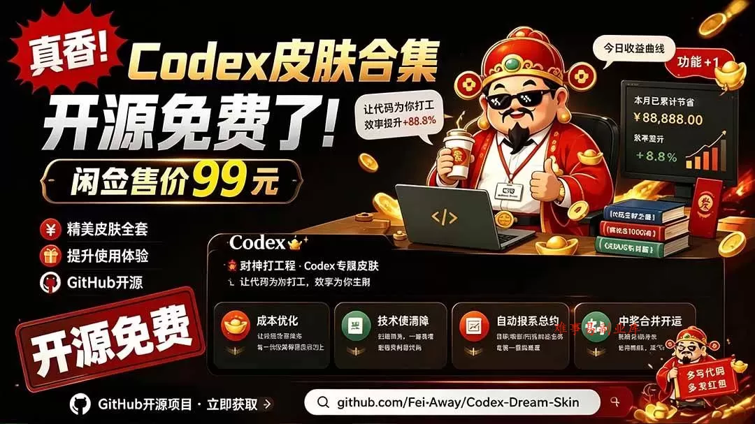 （19432期）闲鱼售卖99元的Codex皮肤包，GitHub 免费开源了！让你的codex变成精美界面 Codex Dream Skin-难事易副业库