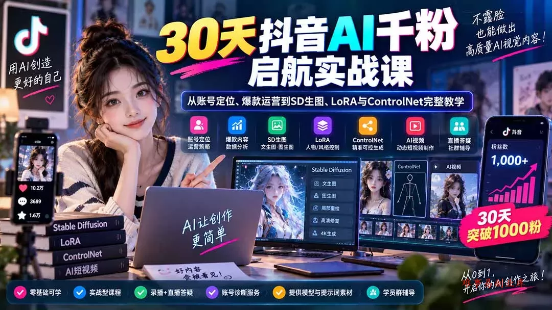 30天抖音AI千粉启航实战课：从账号定位、爆款运营到SD生图、LoRA与ControlNet完整教学-难事易副业库