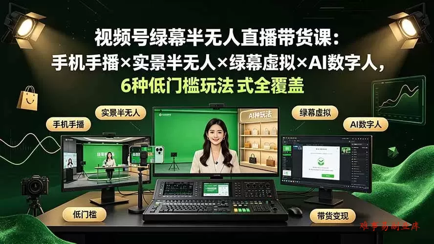 （19271期）视频号绿幕半无人直播带货课：手机手播×实景半无人×绿幕虚拟×AI数字人，6种低门槛玩法全覆盖-难事易副业库
