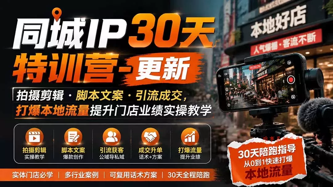 同城IP30天特训营-更新｜拍摄剪辑+脚本文案+引流成交，打爆本地流量提升门店业绩实操教学-难事易副业库