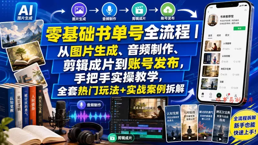 零基础书单号全流程|从图片生成、音频制作、剪辑成片到账号发布,手把手实操教学,全套热门玩法+实战案例拆解 零基础书单号全流程|从图片生成、音频制作、剪辑成片到账号发布,手把手实操教学,全套热门玩法+实战案例拆解