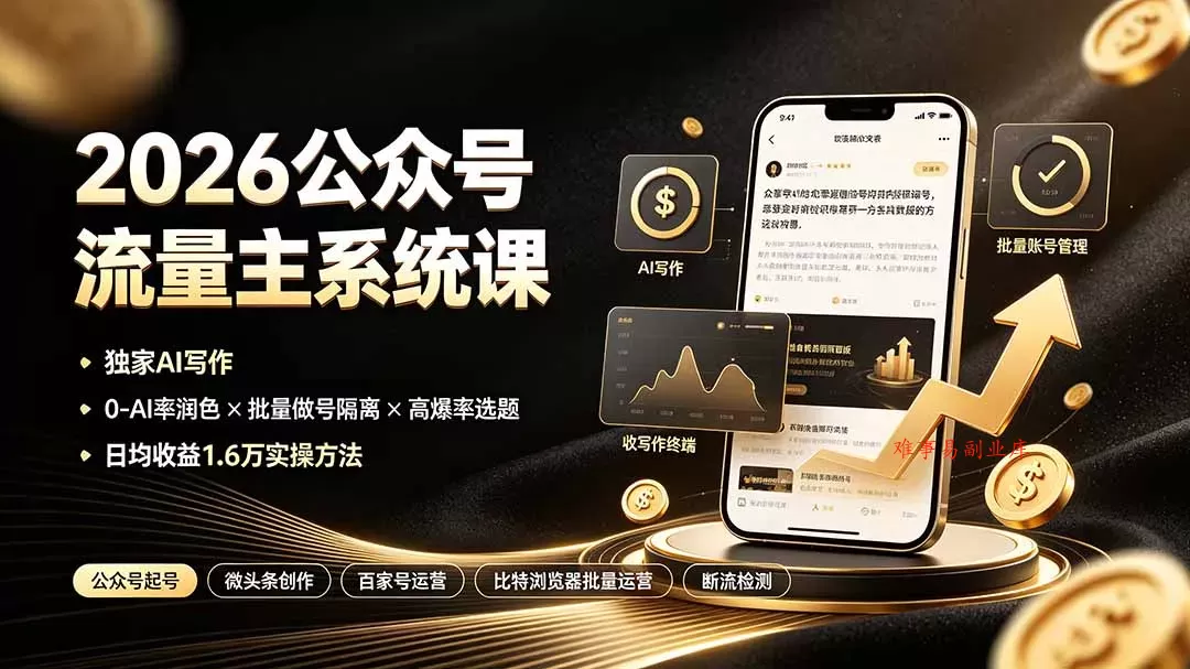 2026公众号流量主系统课：独家AI写作×0-AI率润色×批量做号隔离×高爆率选题，日均收益1.6万实操方法