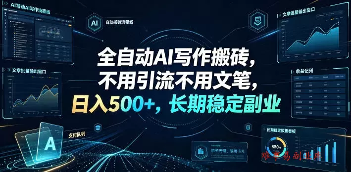 全自动AI写作搬砖，不用引流不用文笔，日入500+，长期稳定副业【揭秘】-难事易副业库