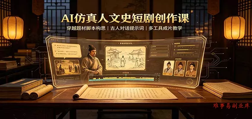AI仿真人文史短剧创作课：穿越题材脚本构思，古人对话提示词，多工具成片教学-难事易副业库