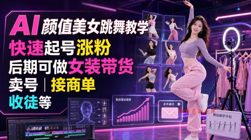 AI颜值美女跳舞教学，快速起号涨粉，后期可做女装带货，卖号，接商单，收徒等-难事易副业库
