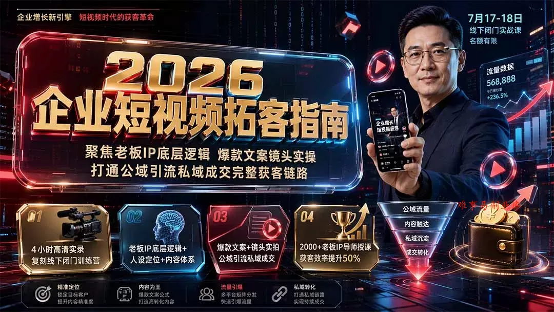 2026企业短视频拓客指南：聚焦老板IP底层逻辑，爆款文案镜头实操，打通公域引流私域成交完整获客链路-难事易副业库