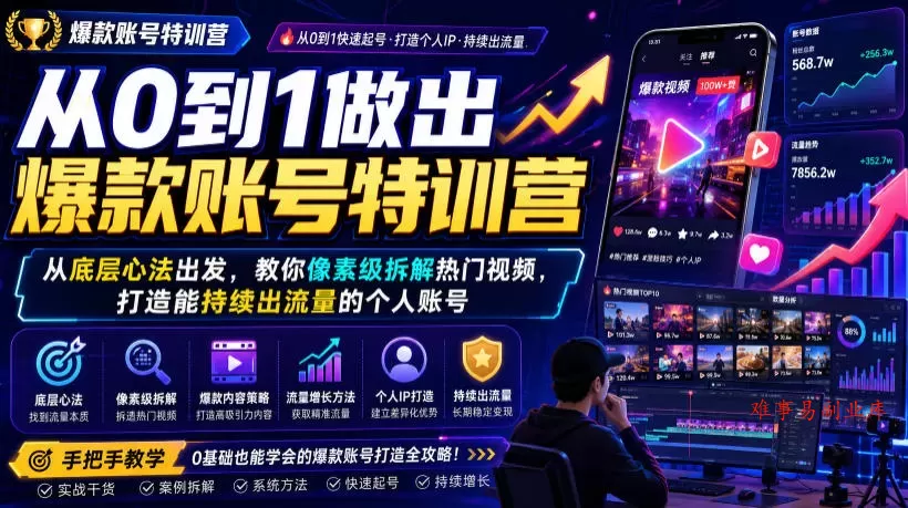 从0到1做出爆款账号特训营，从底层心法出发，教你像素级拆解热门视频，打造能持续出流量的个人账号-难事易副业库