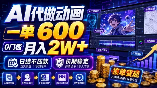 AI代做动画，一单600，0门槛月入2W+，日结不压款，长期稳定【揭秘】-难事易副业库