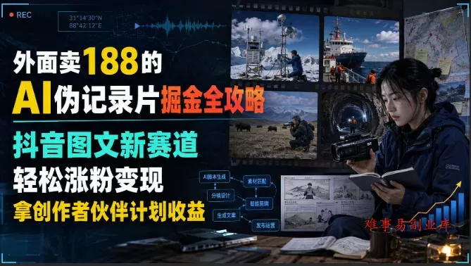 外面卖188的AI伪记录片掘金全攻略，抖音图文新赛道，轻松涨粉变现，拿创作者伙伴计划收益【文档】-难事易副业库