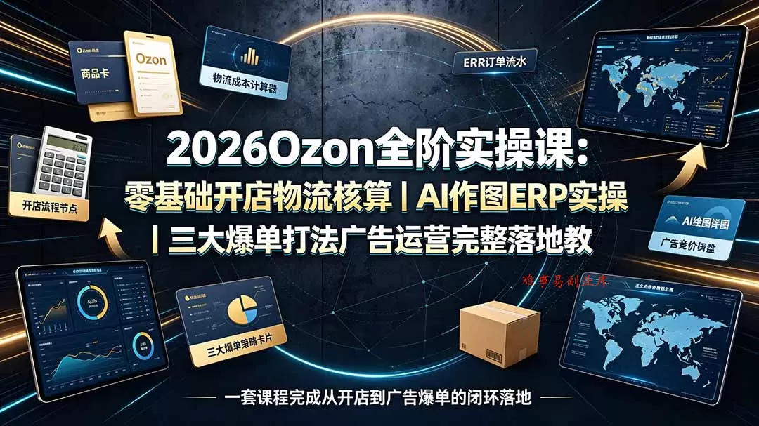 2026Ozon全阶实操课：零基础开店物流核算｜AI作图ERP实操｜三大爆单打法广告运营完整落地教程-难事易副业库